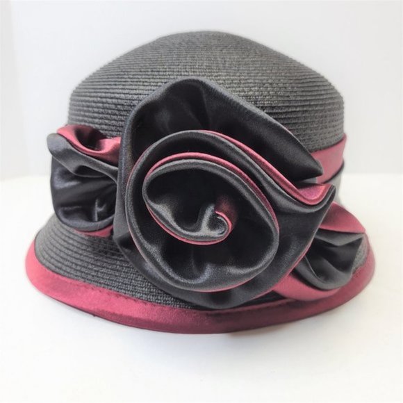 Black Dress Hat Adjustable with Red Satin Trim and Flower Rosette - One Size - Picture 4 of 15